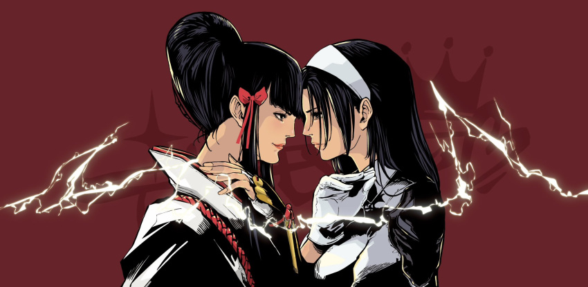 2_girls alluring artist_logo black_hair dress electricity fingerless_gloves from_side gloves hairband high_res jbstyle jun_kazama kazama_jun kazumi_mishima long_hair looking_at_another looking_at_viewer milf milfs mishima_kazumi multiple_girls namco profile red_background red_lips shirt tekken tekken_2 tekken_7 tekken_8 tekken_tag_tournament tekken_tag_tournament_2 trait_connection upper_body white_dress white_gloves white_hairband white_shirt