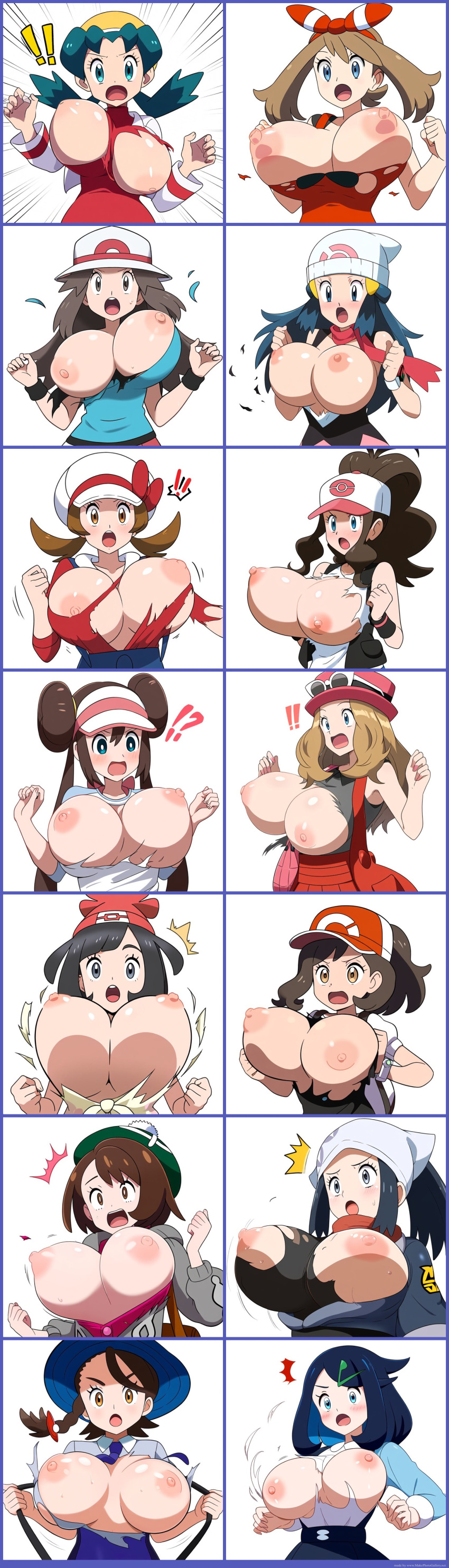 ai_generated akari_(pokemon) alternate_breast_size big_breasts black_hair blonde_hair blue_hair bouncing_breasts breast_expansion breasts brown_hair bursting_breasts dawn_(pokemon) elaine_(pokemon) gloria_(pokemon) hilda_(pokemon) huge_breasts juliana_(pokemon) kris_(pokemon) leaf_(pokemon) liko_(pokemon) lyra_(pokemon) may_(pokemon) may_(pokemon_oras) nipples pokemon pokemon_bw pokemon_bw2 pokemon_dppt pokemon_frlg pokemon_gsc pokemon_hgss pokemon_horizons pokemon_legends:_arceus pokemon_lgpe pokemon_oras pokemon_sm pokemon_ss pokemon_sv pokemon_xy ripped_clothing rosa_(pokemon) selene_(pokemon) serena_(pokemon) shocked surprised torn_clothes white_background