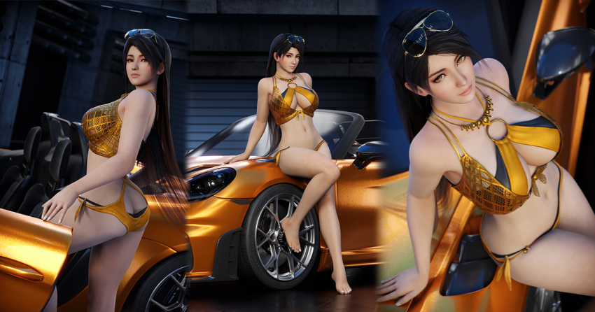 1girl 3dloveandpeace alluring big_breasts bikini black_hair brown_eyes car cleavage dead_or_alive dead_or_alive_6 dead_or_alive_xtreme dead_or_alive_xtreme_2 dead_or_alive_xtreme_3_fortune dead_or_alive_xtreme_beach_volleyball dead_or_alive_xtreme_venus_vacation kunoichi momiji ninja_gaiden pin_up tecmo