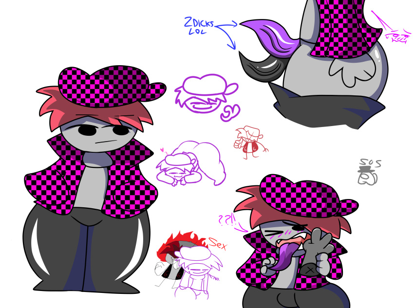 2022 2boys anon big_ass big_ass_(male) big_thighs friday_night_funkin friday_night_funkin_mod gray_skin grey_skin jeffold_(oc) jeffold_dside(oc) jp20414(artist) oc purple_clothing purple_hat red_hair sus tentacle_dick texture texture_clothing thick_thighs two_penises