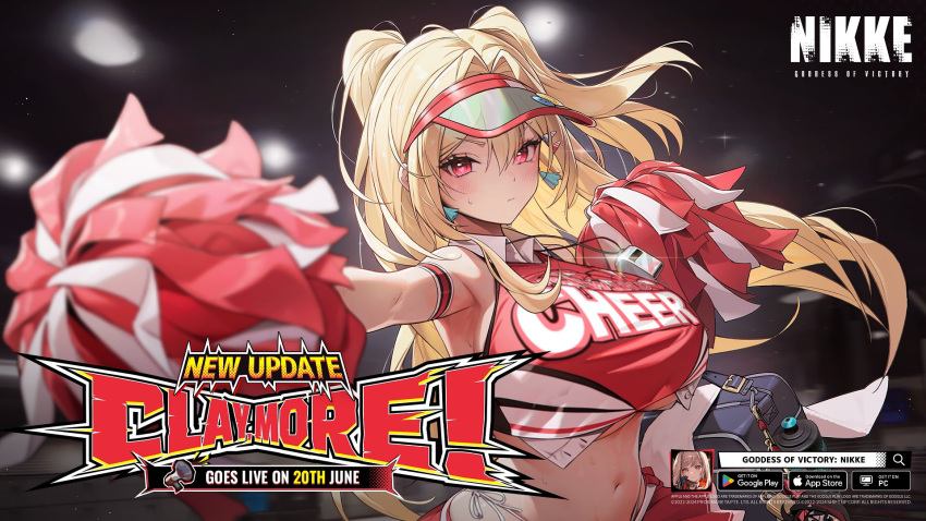 1girl 1girl bare_shoulders big_breasts blonde_hair blush breasts cheerleader clay_(nikke) crop_top facing_viewer goddess_of_victory:_nikke hair_intakes high_res long_hair looking_at_viewer navel official_art pleated_skirt pom_pom_(cheerleading) red_skirt serious skirt under_boob visor_cap