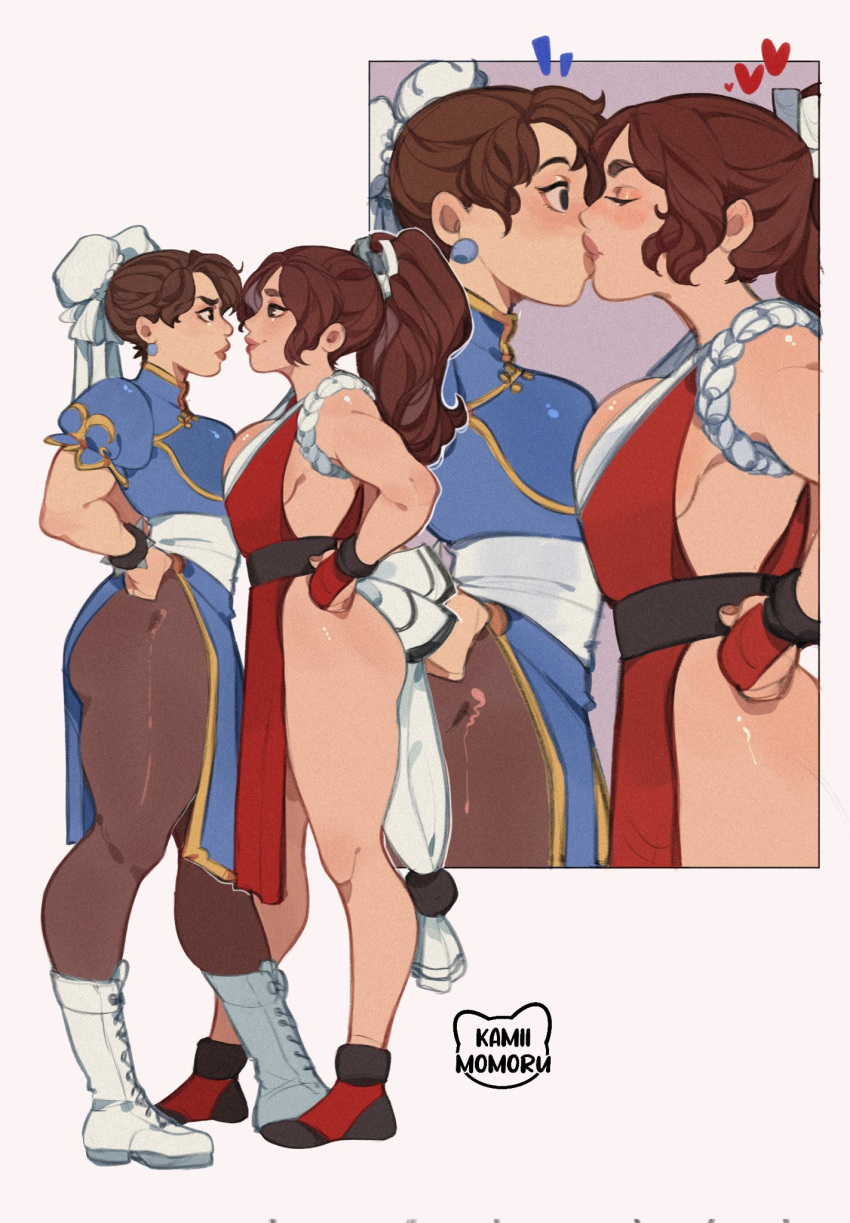 2_girls asian chun-li crossover earrings kamii_momoru king_of_fighters mai_shiranui ponytail smirk street_fighter surprise symmetrical_docking yuri