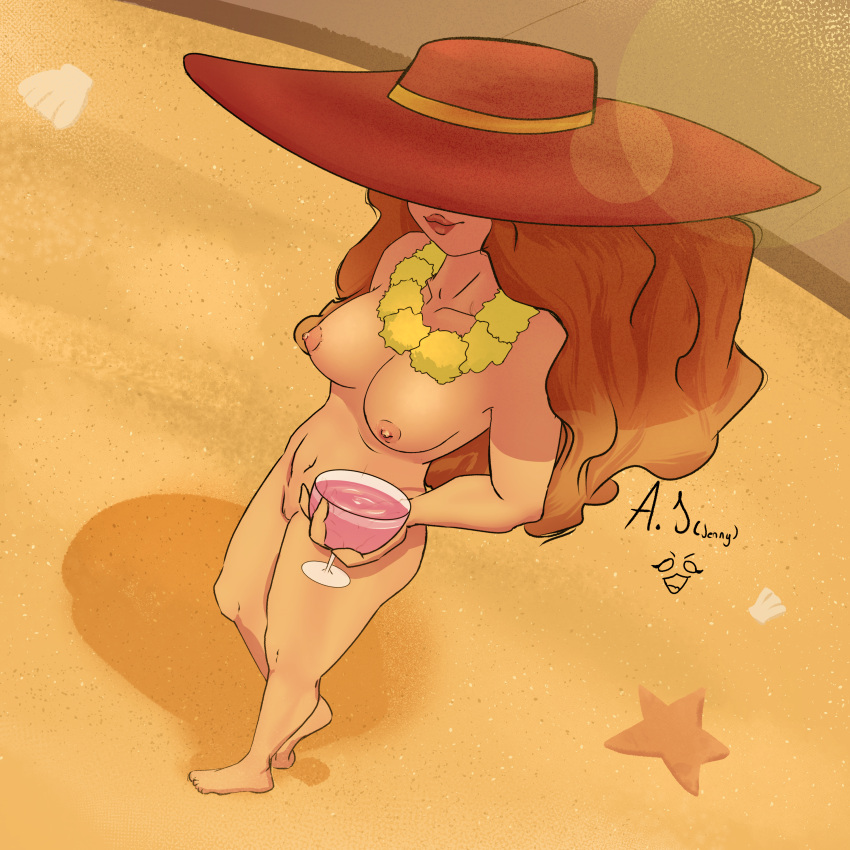 1girl ajilu beach big_breasts breasts callmeaj_(artist) cartoon_network curly_hair curvy curvy_female curvy_figure female_only hat lei nipples nude perspective powerpuff_girls red_hair sara_bellum solo_female sun_hat vacation viewed_from_above