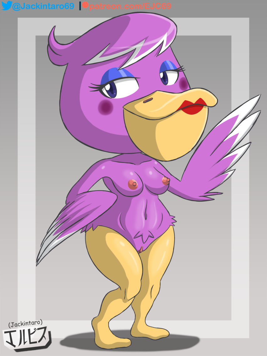 animal_crossing anthro breasts digital_media_(artwork) fanart furry jackintaro lipstick makeup nintendo nipples nude pelican phyllis_(animal_crossing) purple_body pussy