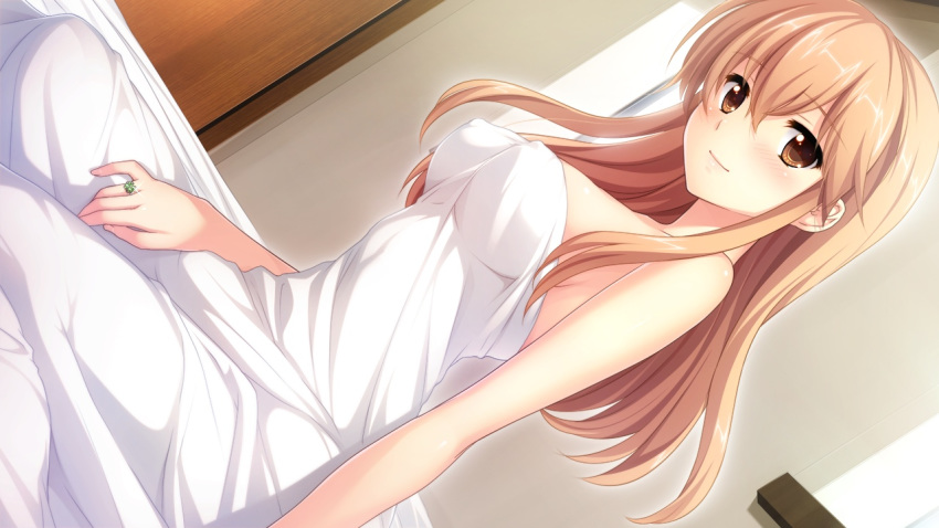 16:9 1girl bare_shoulders bed bed_sheet blonde_hair blush breasts brown_eyes covered_nipples erect_nipples female game_cg happy hatsukoi_1/1 jewelry koizumi_amane long_hair looking_at_viewer morino_yukino nude ring sitting smile solo