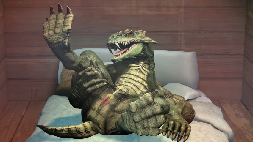 1girl 1girl 2020 3d_(artwork) anthro bed claws digital_media_(artwork) fangs furniture genitals glitched_securitron hand_on_leg hand_on_thigh high_res lizard on_bed presenting pussy quake reptile scalie seductive sorlag source_filmmaker spread_legs spreading teeth