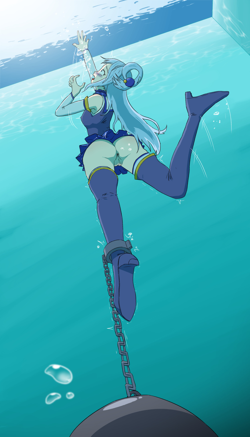 1girl 1girl 1girl absurd_res anus aqua_(konosuba) asphyxiation ass blue_eyes blue_hair blush boots bound clothing dat_ass drowning dying high_res kono_subarashii_sekai_ni_shukufuku_wo! megagogoman no_panties pool pussy skirt stockings thigh_high_boots underwater upskirt