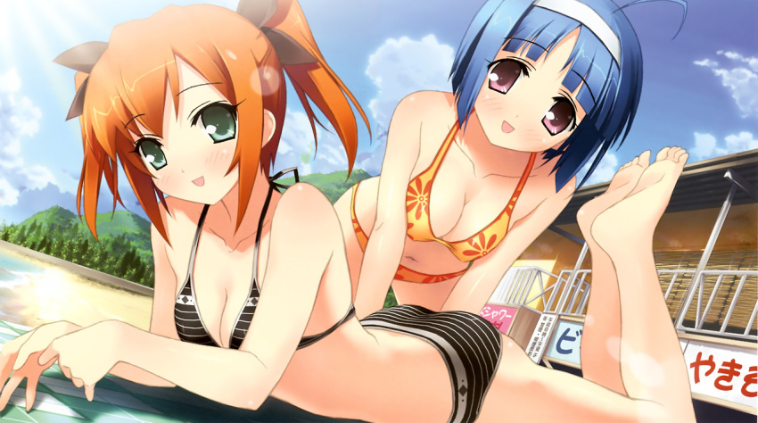 2_girls 2girls absurd_res absurdres ahoge all_fours aoi_kannazuki arm arm_support arms art ass bare_legs bare_shoulders barefoot beach bikini blue_hair blush breasts cleavage cloud collarbone dutch_angle feet female friends game_cg green_eyes hair_ribbon hairband haruka_minazuki high_res highres kaitou_tenshi_twin_angel kannazuki_aoi kantoku legs lens_flare looking_at_viewer lying midriff minazuki_haruka minazuki_haruka_(twin_angel) multiple_girls navel on_stomach orange_hair purple_eyes ribbon sand short_hair sky small_breasts sunlight swimsuit toes twintails