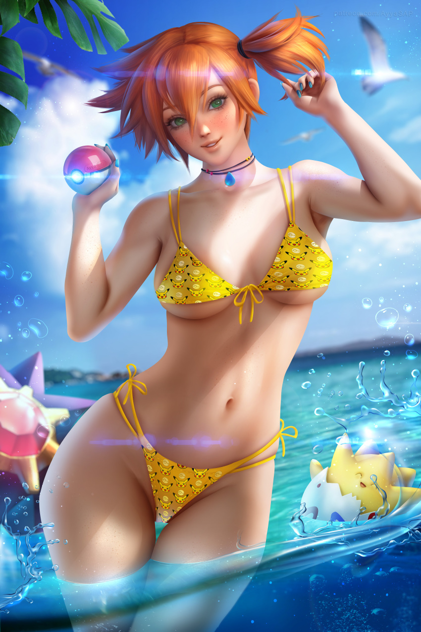 1girl asymmetrical_hair ayya_saparniyazova beach bikini blush bra breasts clothing creatures_(company) eyelashes female_only game_freak gen_1_pokemon gen_2_pokemon green_eyes gym_leader hair_between_eyes hair_tie high_resolution holding holding_object holding_poke_ball humans_of_pokemon kasumi_(pokemon) legs looking_at_viewer misty_(pokemon) navel nintendo open_mouth orange_hair partially_submerged pikachu poke_ball pokemon pokemon_(anime) pokemon_(classic_anime) pokemon_(game) pokemon_frlg pokemon_red_green_blue_&_yellow pokemon_rgby ponytail pose short_hair shorts side_ponytail smile starmie swimsuit thighs tied_hair togepi very_high_resolution water wet yellow_bikini yellow_swimsuit