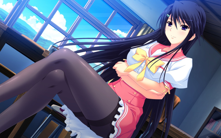 1girl black_hair blush breasts dutch_angle female game_cg indoors legs_crossed long_hair owari_mio pantyhose peassoft purple_eyes sakurage_shibayuki sitting sky smile solo zutto_tsukushite_ageru_no!