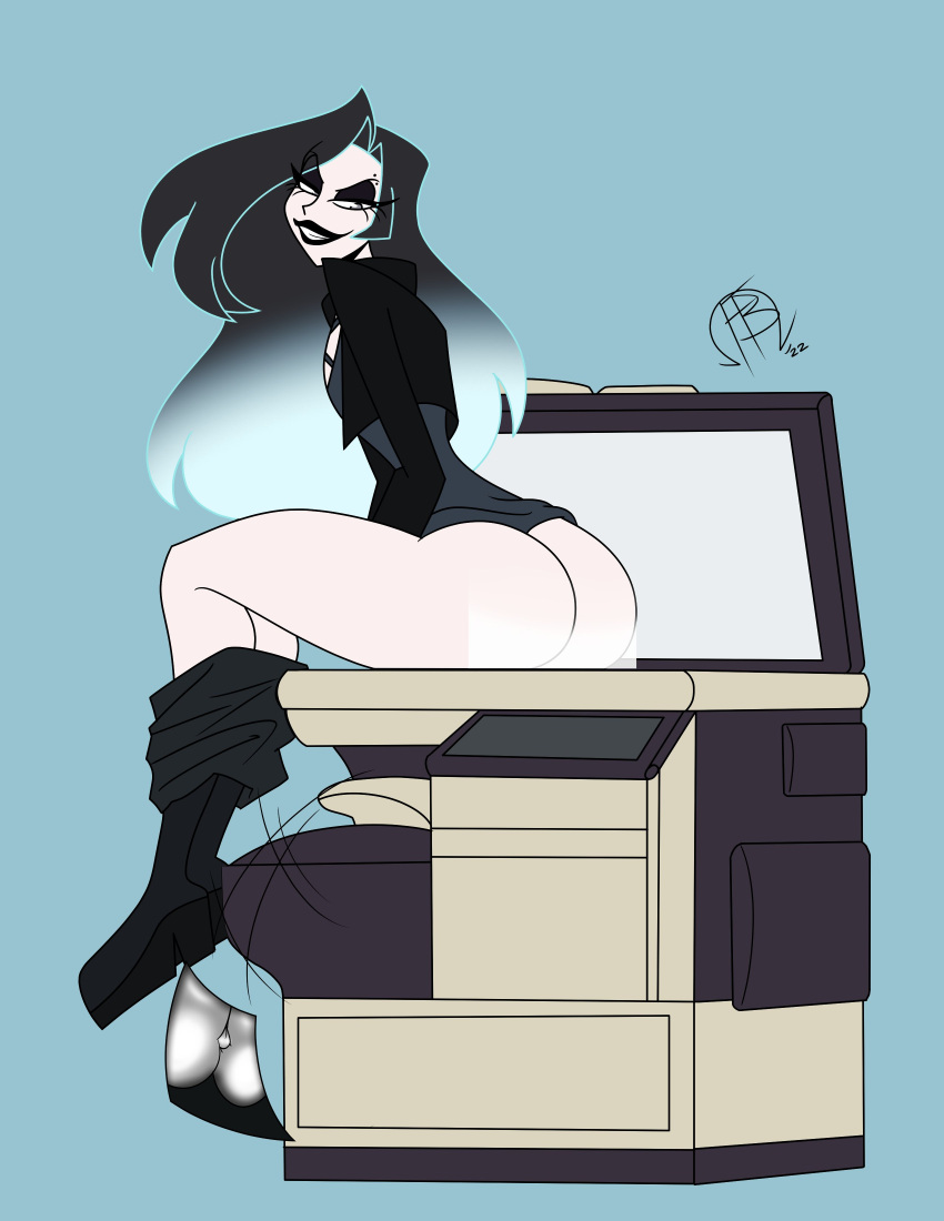 1girl ass big_ass black_lipstick boots copy_machine femboy frostbiteboi grin long_hair looking_at_viewer looking_back multicolored_hair no_panties no_underwear pants_around_one_legs pants_down photocopying_butt printer smile solo_focus solo_male wide_hips