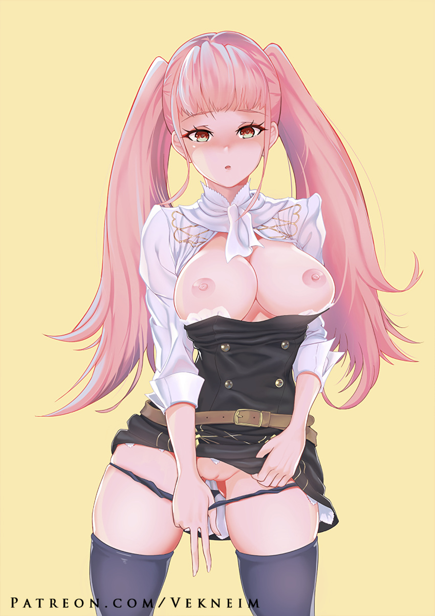 1girl 1girl ass_visible_through_thighs belt big_breasts black_legwear black_panties blush breasts breasts_outside cowboy_shot female_only fire_emblem fire_emblem:_three_houses garreg_mach_monastery_uniform hilda_valentine_goneril long_hair long_sleeves looking_at_viewer medium_breasts nintendo nipples panties panty_pull parted_lips patreon_username pink_hair pussy red_eyes simple_background skirt skirt_lift solo_female solo_focus stockings tagme thighs twin_tails underwear vekneim video_game_character video_game_franchise watermark web_address yellow_background