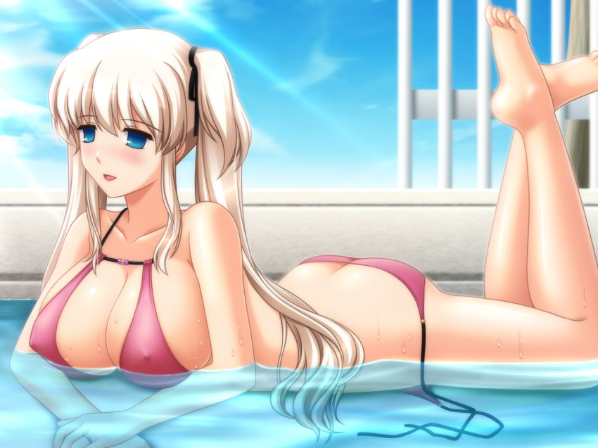 1girl barefoot bikini blue_eyes blush breasts butt_crack cloud covered_nipples erect_nipples female jewelry kafu large_breasts legs light_rays long_hair lying mabinogi nao nao_(mabinogi) on_stomach partially_submerged pool red_bikini ring shallow_water side-tie_bikini sky solo summer sunbeam sunlight swimsuit thighs twintails untied water wet white_hair