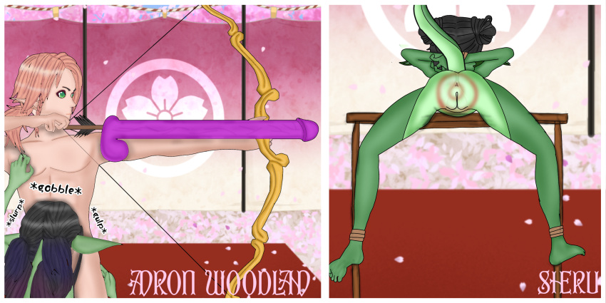 adron_woodland arrow bow dildo elf femboy goblin green_skin muschelshreck original original_character pointed_ears sheru_the_goblin target