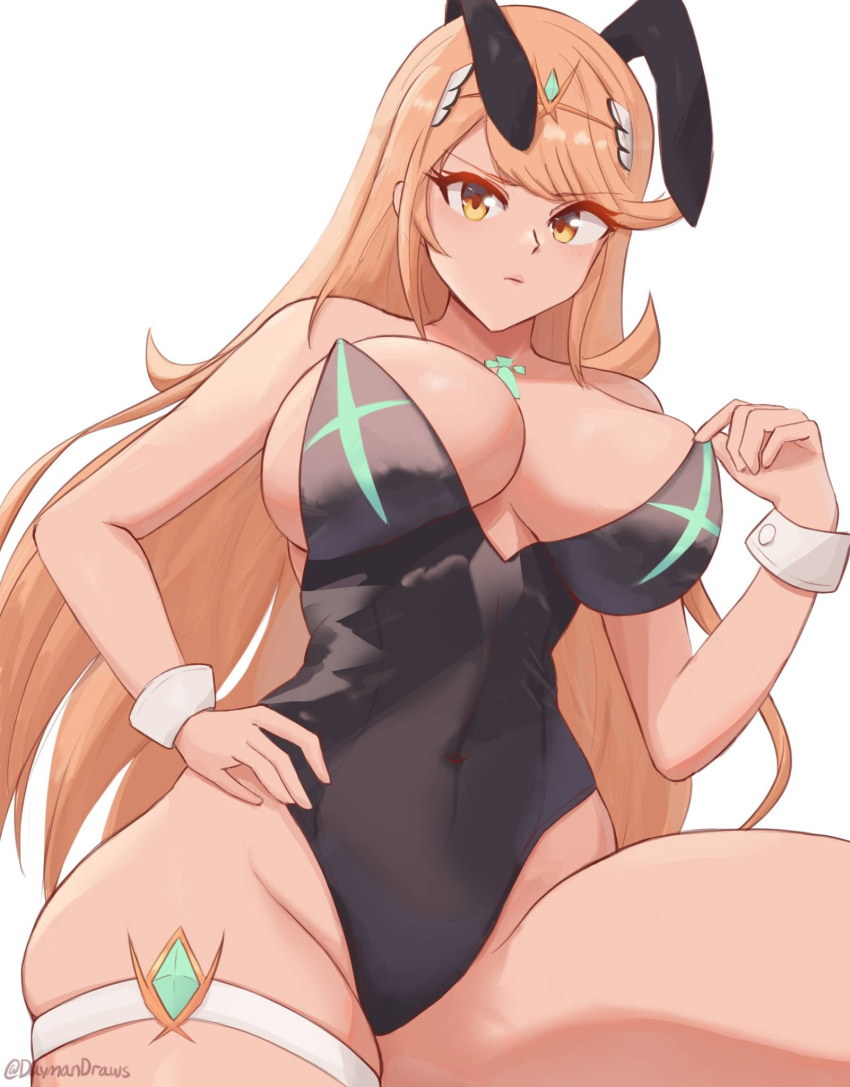 1girl 1girl 1girl alluring big_breasts blonde_hair bunny_ears cleavage daymandraws female_only mythra nintendo xenoblade_(series) xenoblade_chronicles_2 yellow_eyes