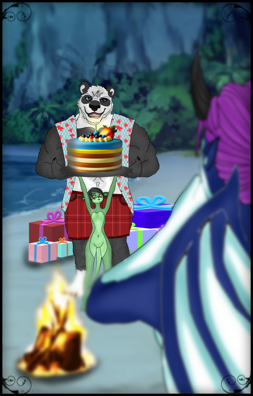 beach birthday_cake cake_(food) muschelshreck night oma_the_orcane original original_character outdoors party peter_panda presents sheru_the_goblin