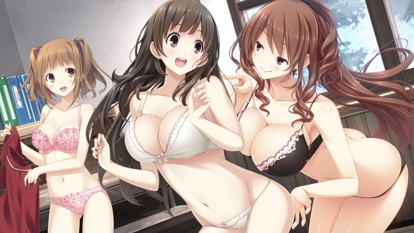 3girls :o black_bra black_eyes black_hair black_panties book bow bow_bra bow_panties bra breasts brown_eyes brown_hair butt_crack changing_clothes cleavage dressing dutch_angle female floral_print game_cg hair_ornament happy holding kajiya_ayano kiss_bell leaning_forward long_hair marui_(koedame) mikoto_akemi multiple_girls nagatsuda_yumi navel open_mouth panties pink_bra pink_panties pointing ponytail room short_hair smile standing strap_gap takahata_chiharu twintails underwear underwear_only white_bra white_panties window yellow_eyes