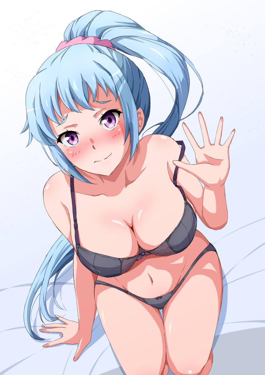 1girl 1girl alluring bare_shoulders big_breasts blue_hair blush bow bow_bra bow_panties bra breasts grey_bra grey_panties high_res kawasaki_saki konoyan navel open_hand panties pink_ribbon ponytail purple_eyes ribbon sitting underwear underwear_only yahari_ore_no_seishun_lovecome_wa_machigatteiru.