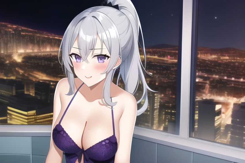 1girl alluring bedroom kawasaki_saki light_blue_eyes light_blue_hair lingerie night_sky pin_up window yahari_ore_no_seishun_lovecome_wa_machigatteiru. zengai