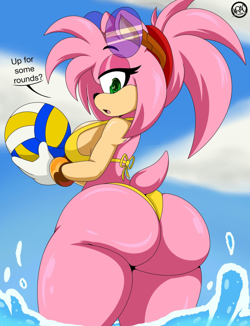 1girl 1girl 1girl amy_rose anthro ass ball big_ass bikini breasts clothing dat_ass dialogue female_only furry glasses green_eyes hedgehog looking_at_viewer looking_back nr_ac partially_submerged pink_hair pink_skin sega sideboob sonic_the_hedgehog_(series) sunglasses sunglasses_on_head swimsuit talking_to_viewer thick_thighs volleyball wading water yellow_bikini yellow_swimsuit