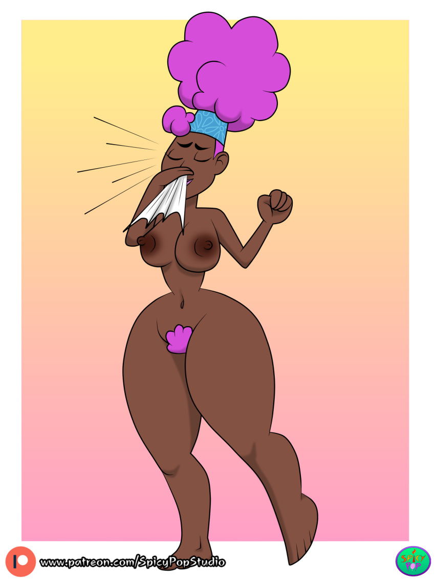 1girl big_breasts clone_high closed_eyes completely_nude completely_nude_female dark-skinned_female dark_skin female_focus female_only harriet_tubman long_hair naked_female nude nude_female purple_hair purple_pubic_hair spicypop thick_thighs wide_hips