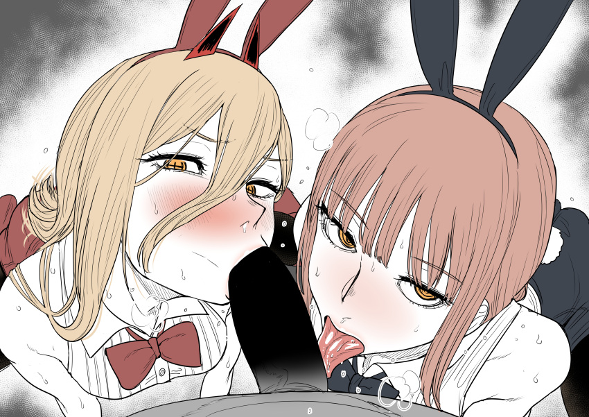 1boy 2_girls ahegao blonde_hair bunny bunny_ears censored chainsaw_man erection fellatio femdom group_sex kaiman_garupan long_hair makima_(chainsaw_man) mature_female open_mouth oral orgy penis pervert pervert_female power_(chainsaw_man) red_hair submission threesome yellow_eyes