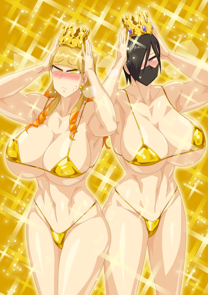 2_girls alluring athletic_female big_breasts bikini black_hair blonde_hair cloak crown crowns face_mask female_abs fit_female kanisuka_rita mask multiple_girls ohsama_sentai_king-ohger otokamu pin_up ran_himeno super_sentai swimsuit yellow_eyes