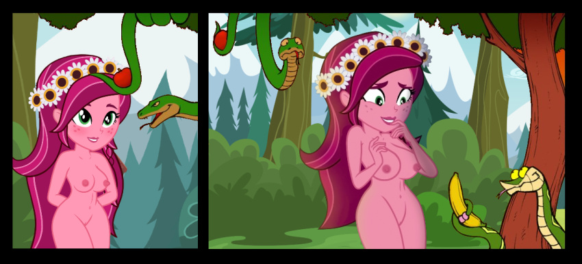 1girl adam_and_eve ai_will_never_replace_human_made_art apple banana breasts casual catholic christianity completely_nude equestria_girls eve floral_head_wreath flower flower_in_hair fruit garden_of_eden gloriosa_daisy_(eg) hasbro human legend_of_everfree my_little_pony nipples nudist nudity older older_female public_domain reptile serpent snake vulva young_adult young_adult_female young_adult_woman