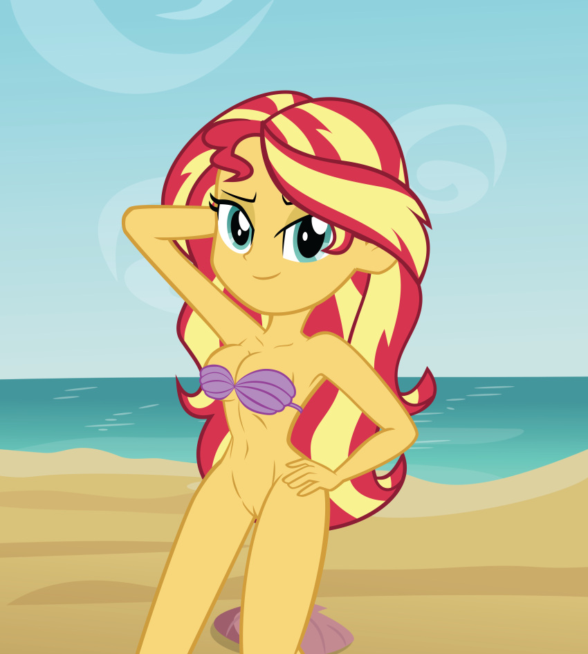 1girl beach bottomless breasts disney equestria_girls half-naked hand_on_hip hasbro midriff muscular_female my_little_pony nudity older older_female pussy seashell_bra sexy skinny_dipping slender_body sunset_shimmer the_little_mermaid vulva young_adult young_adult_female young_adult_woman