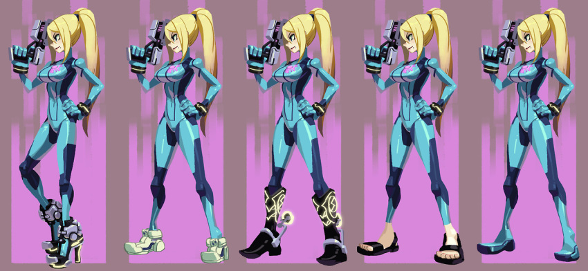 1girl alex_ahad alternate_footwear blonde_hair blue_eyes bodysuit boots breasts collage covered_navel cowboy_boots female full_body gloves gun hand_on_hip handgun high_heel_boots high_heels large_breasts long_hair metroid mole neon_trim pistol ponytail samus_aran sandals shoes skin_tight sneakers solo spurs standing stun_pistol super_smash_bros. toes weapon zero_suit_samus