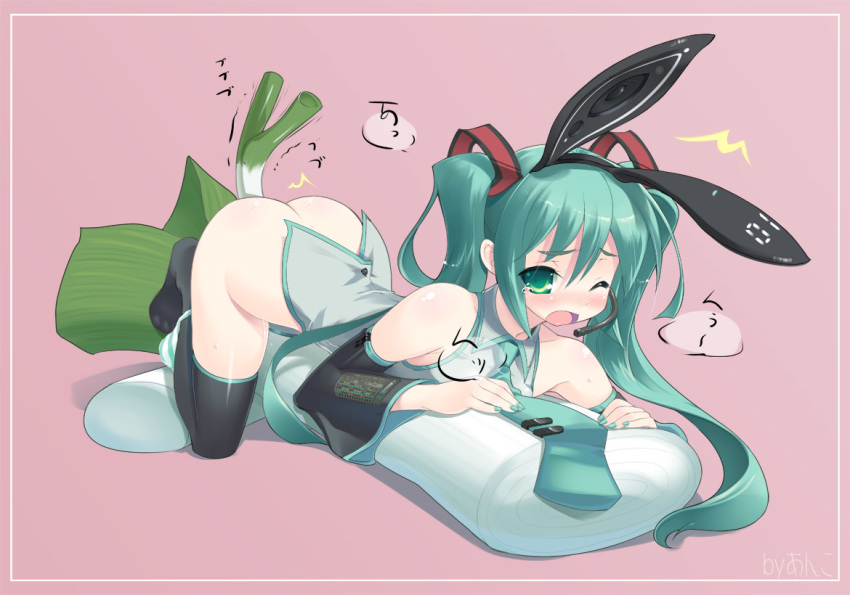 1girl amasa_mitsunaru animal_ears aqua_eyes aqua_hair aqua_nails ass bare_shoulders black_legwear black_thighhighs blush bunny_ears detached_sleeves fake_animal_ears futanari hair_ornament hatsune_miku headset long_hair lying miku_hatsune nail_polish necktie negi_suppository on_stomach panties panties_around_leg panties_around_one_leg pillow solo speaker spring_onion striped striped_panties tears themed_object thighhighs twin_tails underwear vocaloid