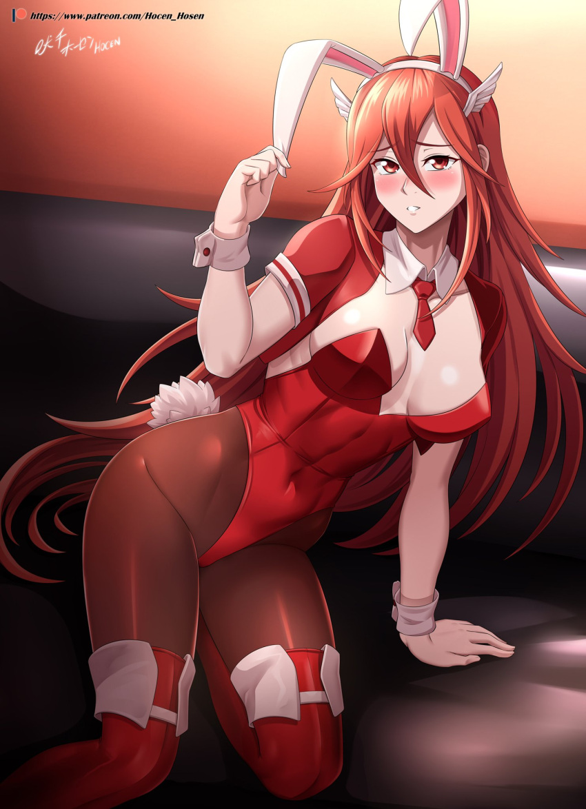 1girl 1girl absurd_res alluring alternate_costume animal_ears artist_name blush breasts bunny_ears bunnysuit cleavage cordelia_(fire_emblem) covered_navel detached_collar fake_animal_ears fire_emblem fire_emblem_awakening hair_ornament high_res hocen leotard long_hair pantyhose parted_lips patreon_logo patreon_username photoshop_(medium) playboy_bunny rabbit_ears rabbit_tail red_eyes red_hair red_leotard vilde_loh_hocen watermark web_address wrist_cuffs