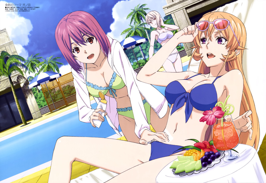 10s 3_girls absurd_res alluring arato_hisako beach_umbrella big_breasts bikini blonde_hair breasts brown_eyes chair cleavage cloud day food food_wars food_wars!:_shokugeki_no_souma high_res hood hoodie ice_cream ice_cream_cone long_hair lounge_chair lying medium_breasts multiple_girls nakiri_alice nakiri_erina non-web_source nyantype official_art on_side outside palm_tree pink_hair pool poolside purple_bikini purple_eyes shokugeki_no_souma sky smile swimming_pool swimsuit tree umbrella voluptuous water