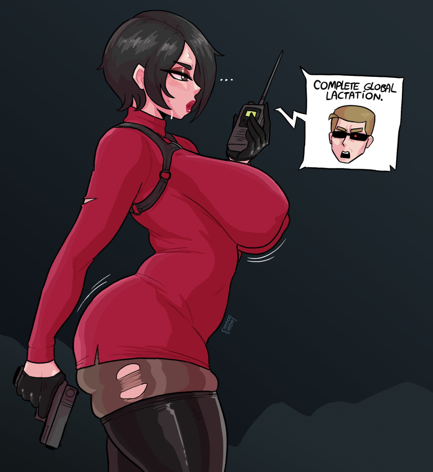 ada_wong ada_wong_(adriana) albert_wesker asian asian_female big_breasts black_hair bouncing_breasts bouncing_butt dress gloves gun handgun large_ass latex_boots loggus_doggus meme pantyhose pistol red_lipstick resident_evil resident_evil_4 resident_evil_4_remake separate_ways shiny_boots short_hair stockings sweat sweatdrop sweater sweater_dress thick_ass thick_thighs thighhigh_boots torn_clothes torn_pantyhose turtleneck twitter walkie_talkie