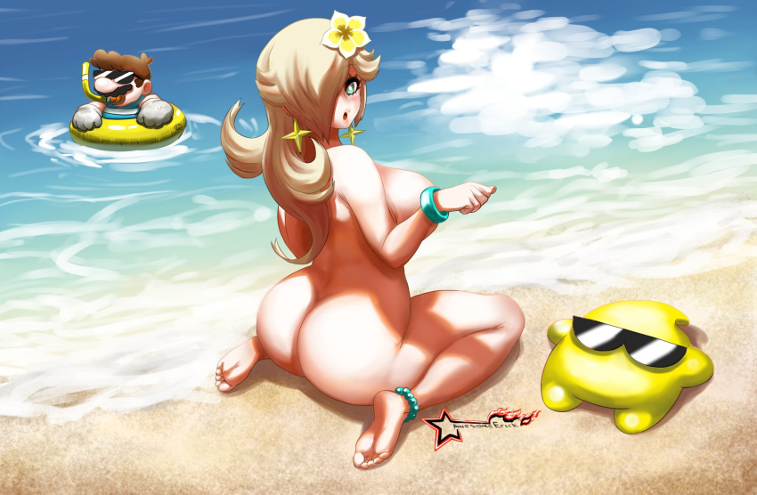 1boy 1girl anklet ass awesomeerix beach blonde_hair blue_eyes bracelet earrings female flower flower_in_hair hair_over_one_eye large_breasts long_hair male mario mouth_open nintendo nude outdoor outside princess_rosalina rosalina sitting star_earrings super_mario_bros. super_mario_galaxy super_smash_bros. tagme water watermark