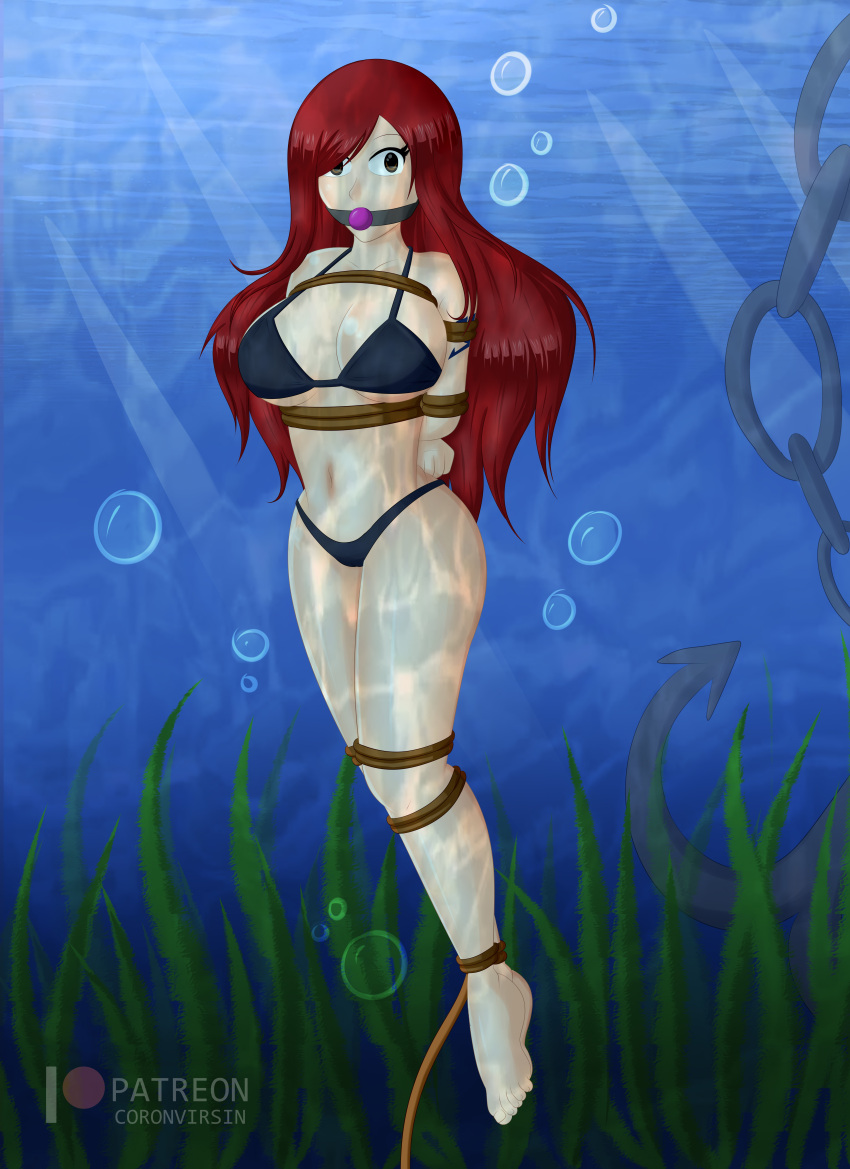 1girl asphyxiation ball_gag bikini bikini_bottom bikini_top black_bikini black_bikini_bottom black_bikini_top bondage breasts brown_eyes coronvirsin damsel_in_distress drowning enigma_heart erza_scarlet fairy_tail female female_only female_solo heroine_in_trouble long_hair ocean red_hair sea solo_female tied_up underwater underwater_peril water