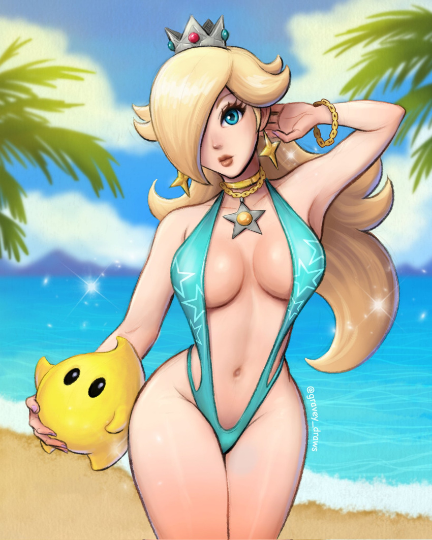 1girl alluring beach big_breasts blonde_hair blue_eyes bracelet choker cleavage crown earrings gravey_draws hair_over_one_eye hourglass_figure long_hair looking_at_viewer luma mario_(series) necklace nintendo princess_rosalina skimpy_bikini sling_bikini