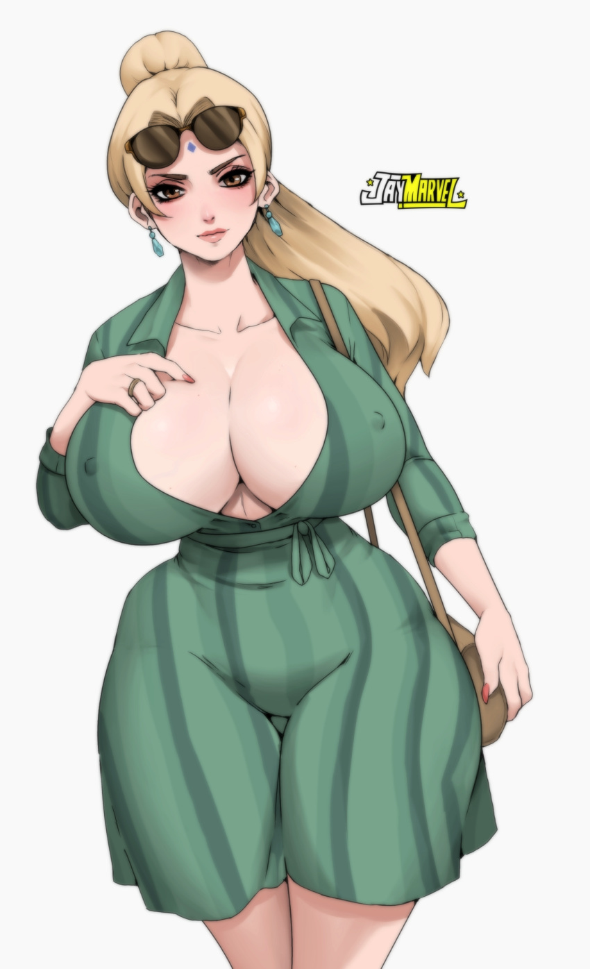 1girl alternate_costume alternate_hairstyle artist_name bag bbw big_breasts blonde_hair blush breasts breasts_bigger_than_head brown_eyes cleavage closed_legs closed_mouth clothing collarbone colored_nails curvaceous curvy curvy_female curvy_figure dress dress_shirt earrings erect_nipples eyelashes eyeliner facial_mark female_only forehead_jewel forehead_mark front_view handbag holding_object hourglass_figure huge_breasts jay-marvel jewelry licking light-skinned_female light_skin logo long_fingernails looking_at_viewer makeup mature mature_female milf nail_polish naruto naruto_(series) naruto_shippuden nipples no_underwear open_clothes paipan pale-skinned_female pale_skin pink_lips pink_lipstick plain_background ponytail red_nail_polish red_nails shiny shiny_hair shiny_skin simple_background skindentation smile smiling_at_viewer solo_female solo_focus sunglasses sunglasses_on_head thick_thighs tied_hair tsunade visible_nipples voluptuous walking watermark white_background wide_hips