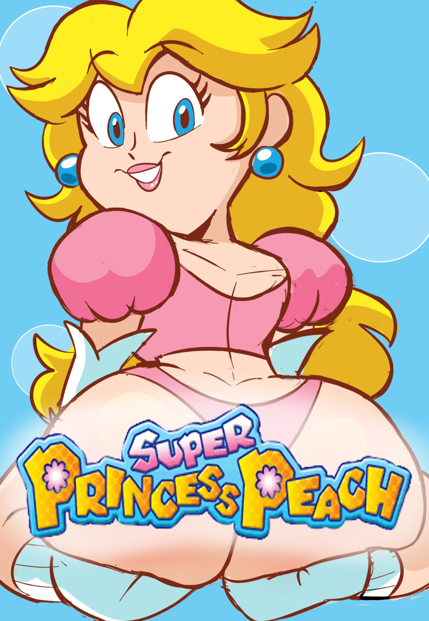 1girl ass big_ass blonde_female blonde_hair blue_eyes bottom_heavy bubble_ass bubble_butt crop_top crown dat_ass earrings eyelashes fat_ass fat_butt female_only huge_ass insanely_hot instantnudeles large_ass large_butt looking_at_viewer mario_(series) nintendo princess_peach rear_view sexy sexy_ass super_princess_peach thick_ass thick_thighs thong title video_games wide_hips