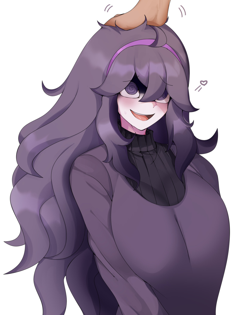 1boy 1girl big_breasts blush clothed dress hand_on_head happy headband headpat hex_maniac hex_maniac_(pokemon) long_hair looking_up open_mouth patting_head pekpekoni pokemon purple_eyes purple_hair smile spiral_eyes spoken_heart wholesome