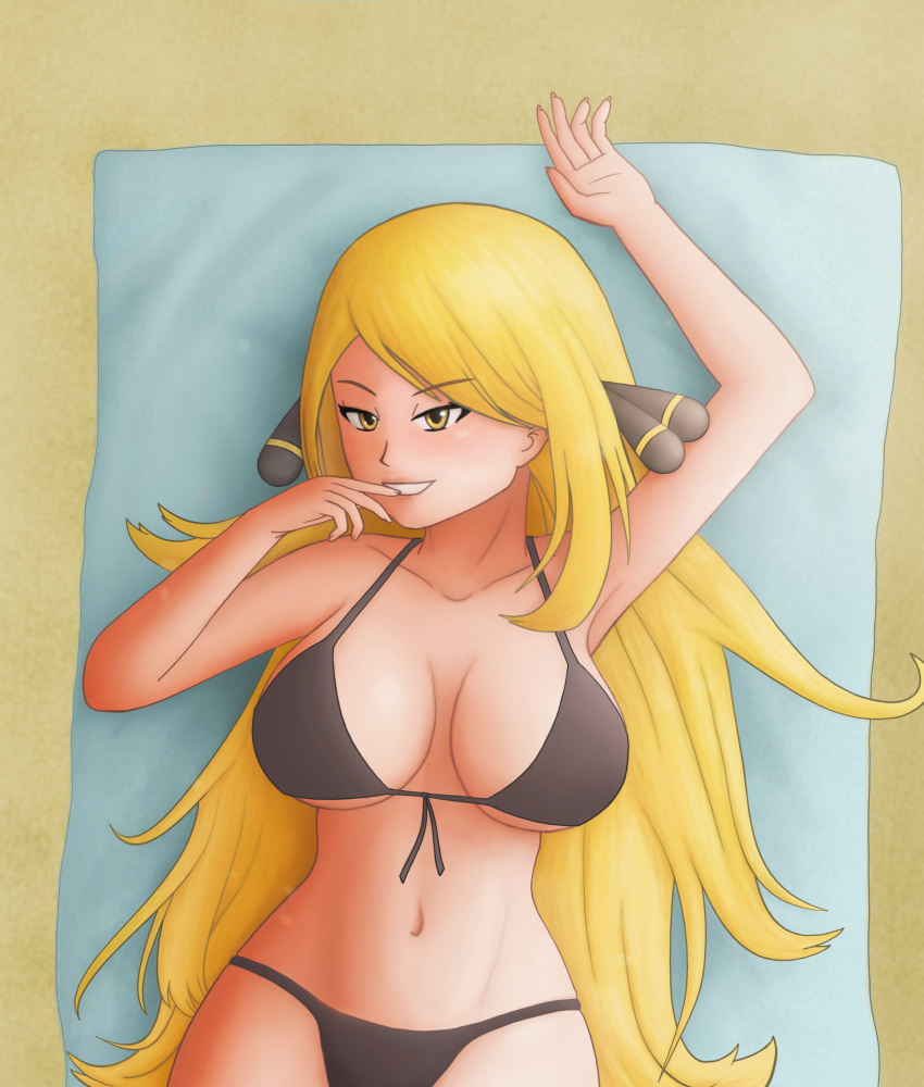 1female 1girl 1girl 2018 beach big_breasts bikini black_bikini blonde_hair breasts creatures_(company) cynthia cynthia_(pokemon) digital_drawing_(artwork) digital_media_(artwork) female_only finger_on_mouth fit_female game_freak hair_bow long_hair looking_at_viewer lying_on_bed lying_on_floor midriff nintendo pale-skinned_female pale_skin panties pokemon pokemon_dppt pokemon_trainer saf-404 safartwoks safartworks seductive_eyes seductive_look sexy_body shiny_skin smiley_face straight_hair swimsuit upper_body video_game_character yellow_eyes