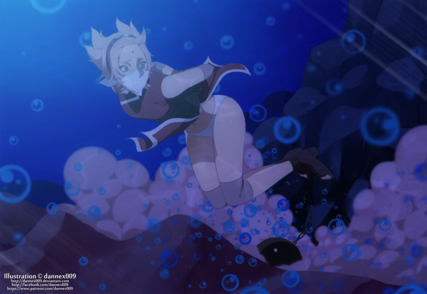 1girl asphyxiation bondage bound_wrists chained_ankles dannex009 drowning green_eyes holding_breath naruto naruto_shippuden ocean panties peril pink_hair sakura_haruno sea underwater underwear white_panties white_underwear