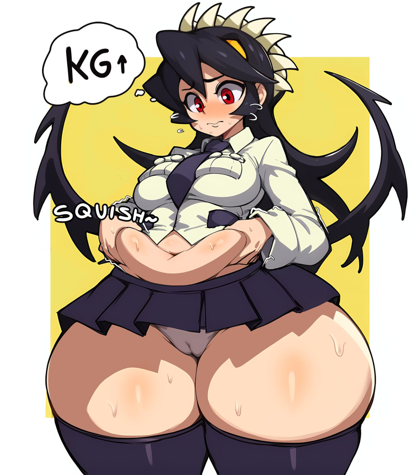 1boy 1girl ai_assisted bbw big_breasts black_hair black_stockings blush breasts cameltoe chubby chubby_belly chubby_female embarrassed embarrassed_female fat_ass filia_(skullgirls) frilled_skirt grabbing_own_belly human long_hair male midriff monkechrome pale-skinned_female pale_skin panties plump red_eyes samson_(skullgirls) schoolgirl schoolgirl_uniform short_skirt skirt skullgirls stockings sweat sweaty teen teenage_girl thick_thighs wide_hips