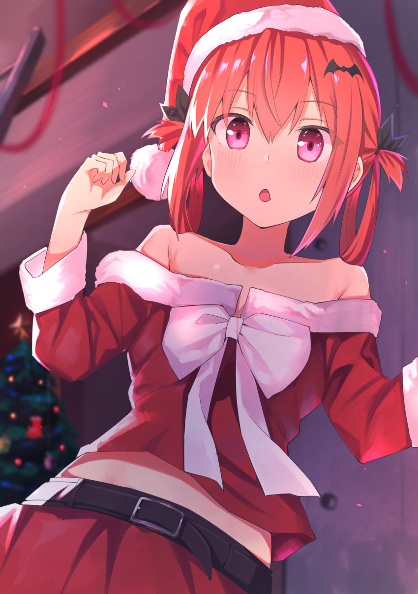 1girl 1girl absurd_res alternate_costume bad_id bad_pixiv_id bare_shoulders bat_hair_ornament belt black_ribbon blush christmas christmas_tree commentary_request fur-trimmed_sleeves fur_trim gabriel_dropout hair_between_eyes hair_ornament hair_ribbon hands_up hat high_res indoors kerun looking_at_viewer medium_hair open_mouth purple_eyes red_hair red_skirt ribbon santa_costume santa_hat satanichia_kurumizawa_mcdowell skirt