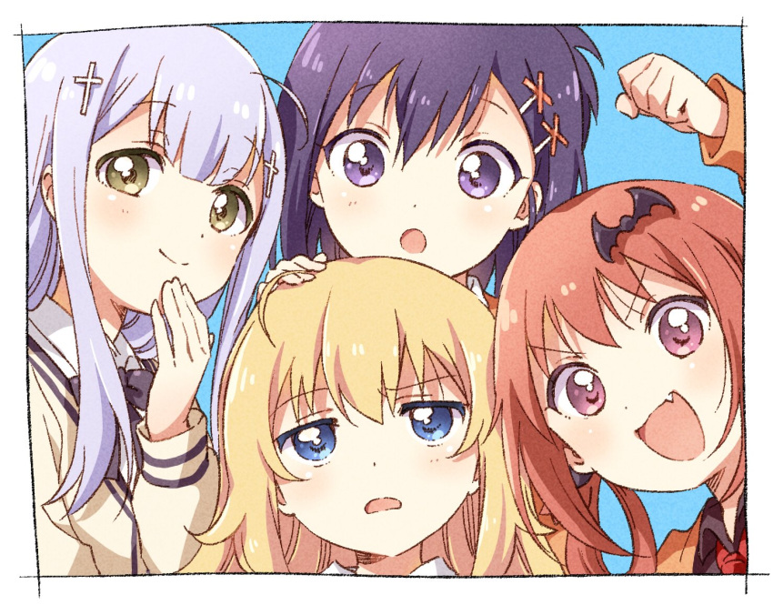 4girls :d :o bat_hair_ornament blonde_hair blue_background blue_eyes clenched_hand d: fang gabriel_dropout gabriel_tenma_white green_eyes grey_hair hair_ornament hairclip hand_on_another's_head long_hair looking_at_viewer multiple_girls namori open_mouth purple_eyes purple_hair raphiel_shiraha_ainsworth red_hair satanichia_kurumizawa_mcdowell sfw smile v-shaped_eyebrows vignette_tsukinose_april