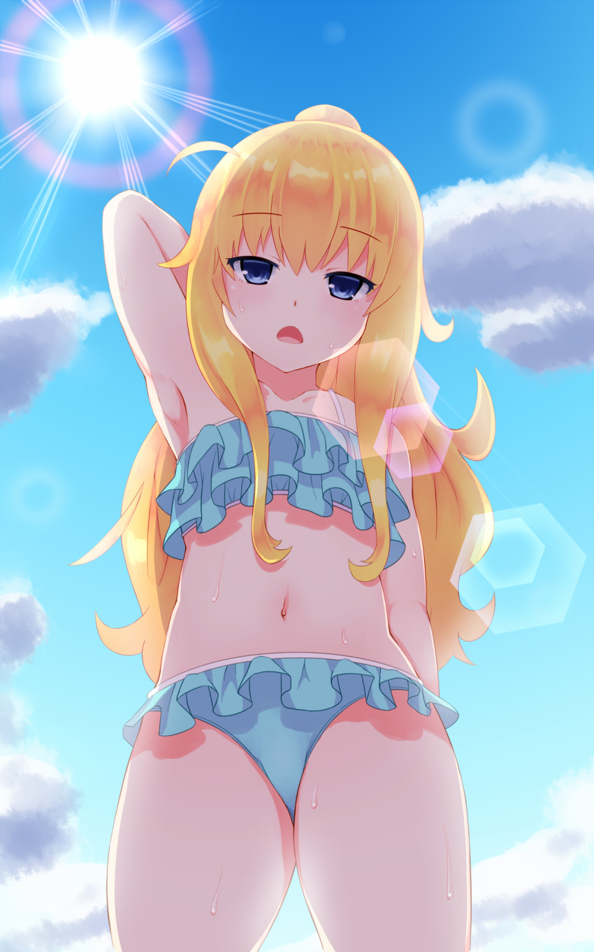 1girl 1girl ahoge alternate_hairstyle arm_at_side arm_behind_head armpits bikini blonde_hair blue_bikini blue_eyes blush cloud collarbone commentary_request day frilled_bikini frills from_below gabriel_dropout gabriel_tenma_white head_tilt hexagon high_ponytail high_res long_hair looking_at_viewer navel open_mouth outside paranoia_(blue-dragon-world) sky standing sun sunlight sweat swimsuit very_long_hair