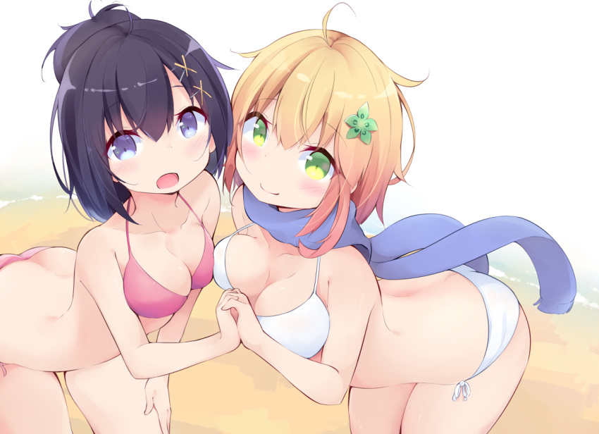 2_girls ass asymmetrical_docking bent_over bikini blonde_hair breast_press breasts cleavage commentary_request cowboy_shot flower gabriel_dropout green_eyes hair_flower hair_ornament kyuukon_(qkonsan) looking_at_viewer medium_breasts multiple_girls open_mouth pink_bikini purple_eyes purple_hair purple_scarf scarf short_hair side-tie_bikini_bottom swimsuit tapris_chisaki_sugarbell vignette_tsukinose_april white_bikini x_hair_ornament