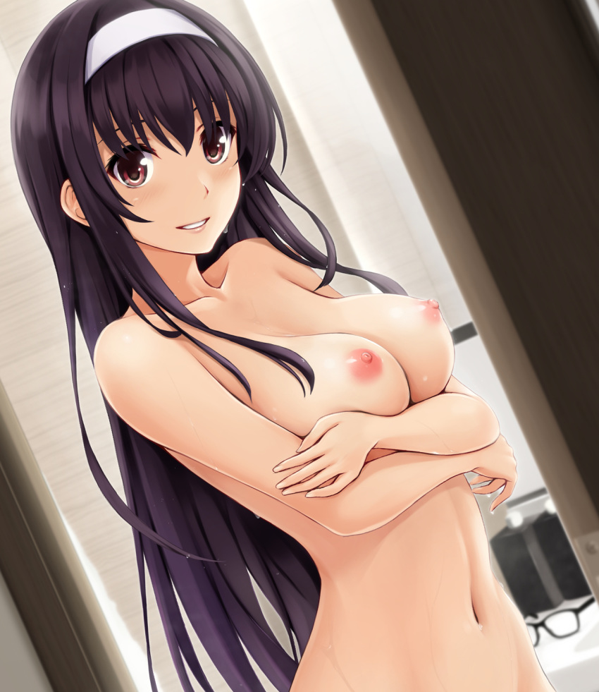 1girl 1girl 1girl bangs black_hair breast_hold breasts clavicle crossed_arms dutch_angle eyewear_removed hairband high_resolution indoors kasumigaoka_utaha long_hair looking_at_viewer medium_breasts megane navel nipples nonaka_ritsu nude out-of-frame_censoring parted_lips red_eyes saenai_heroine_no_sodatekata shiny shiny_skin smile stomach teeth upper_body wet white_hair_ornament white_hairband