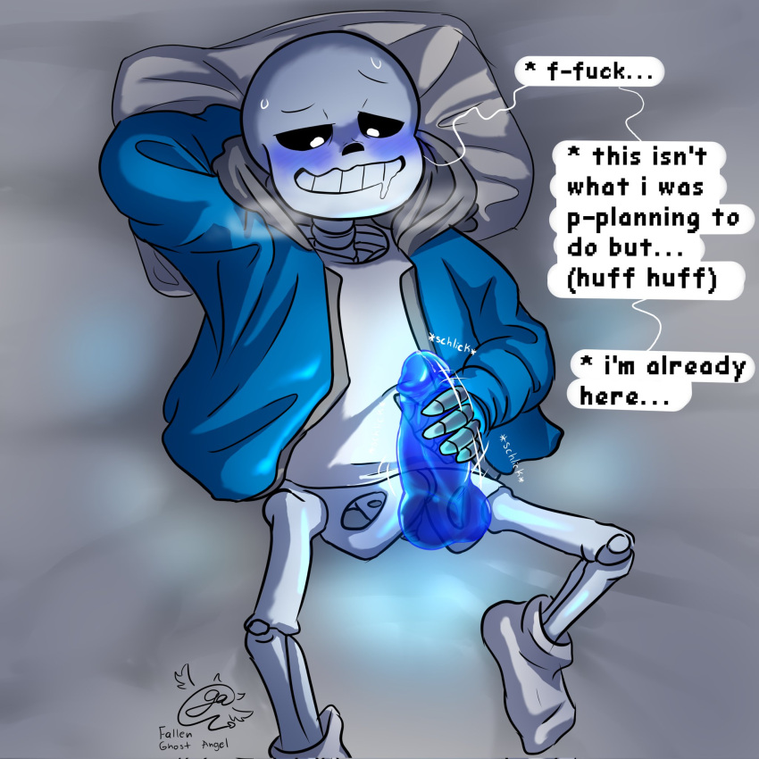 1:1 1:1_aspect_ratio 1boy 2d 2d_(artwork) animated_skeleton balls blue_blush blue_hoodie blue_jacket blue_penis blue_testicles blush bottomless bottomless_male clothed comic_sans digital_media_(artwork) ectopenis ectoplasm english_text fallen_ghost_angel_(artist) genitals glowing glowing_genitalia glowing_penis grabbing_own_penis hi_res high_res high_resolution hires hooded_jacket hoodie jacket looking_at_genitalia looking_at_own_penis looking_at_penis looking_down lying_on_back male male_masturbation male_only masturbation monster monster_boy on_back penile_masturbation penis pillow precum sans sans_(undertale) skeleton socks solo_male speech_bubble sweat talking_to_self testicles text twitter undead undertale undertale_(series) video_game_character video_games