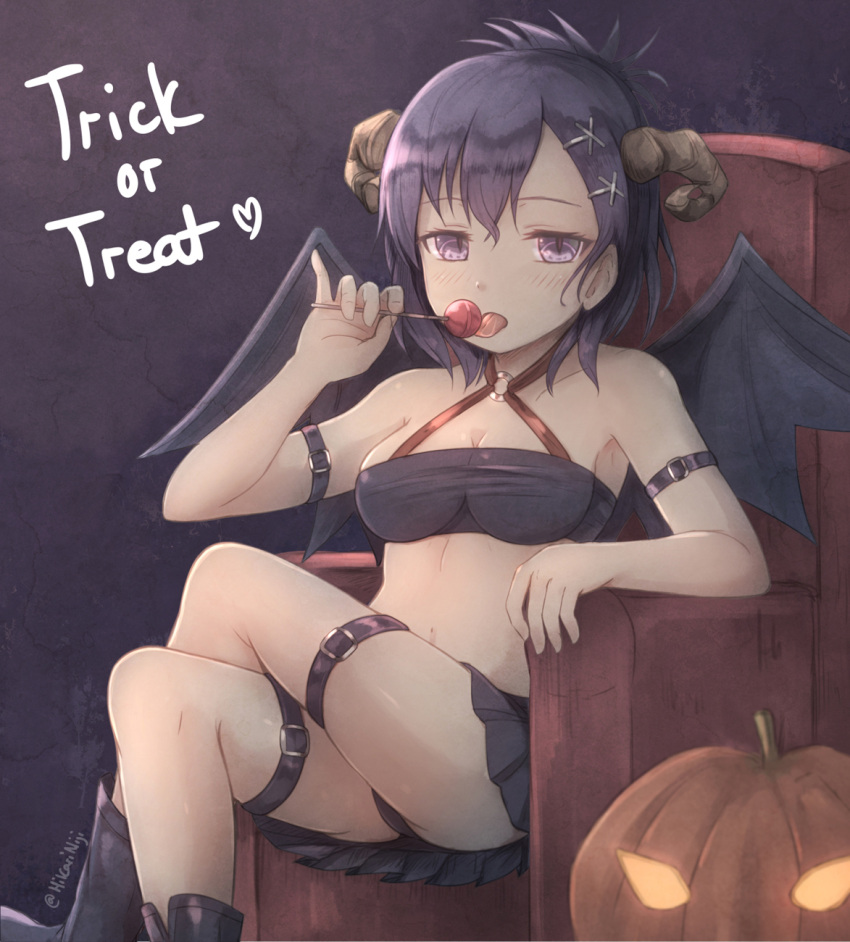 1girl 1girl armchair black_footwear black_panties black_skirt blush boots breasts candy chair cleavage collarbone commentary crop_top crossed_legs curled_horns demon_girl demon_wings english_commentary food gabriel_dropout hair_between_eyes hair_ornament hairclip hallelujah_essaim halloween high_res hikari_niji holding holding_candy holding_food holding_lollipop horns jack-o'-lantern leg_belt licking lollipop looking_at_viewer medium_breasts midriff navel o-ring o-ring_top panties photoshop_(medium) pleated_skirt purple_eyes purple_hair sitting skirt tongue tongue_out trick_or_treat twitter_username underwear vignette_tsukinose_april wings x_hair_ornament